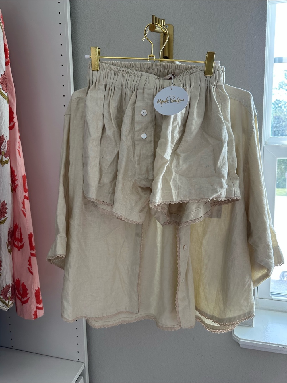 Cream Linen-Blend Women's  Top and short set
